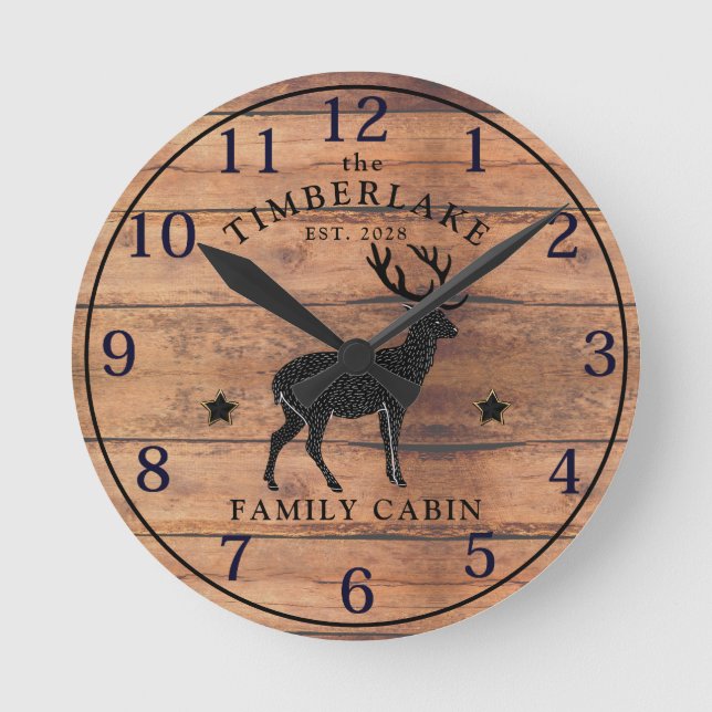 Family Cabin Rustic Wood Personalized Wall Clock (Front)