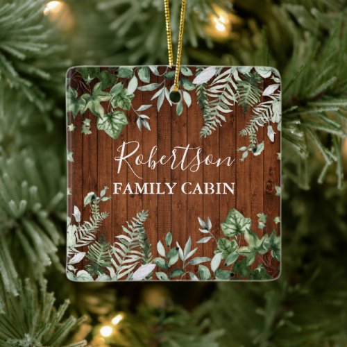Family Cabin Rustic Wood Watercolor Ivy Sage Ferns Ceramic Ornament