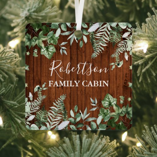 Family Cabin Rustic Wood Watercolor Ivy Sage Ferns Metal Ornament