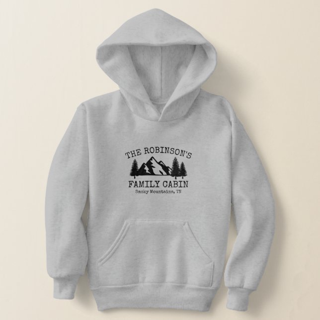 Family Cabin Trees Mountains Silhouette Design Hoodie (Laydown)
