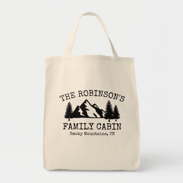 Family Cabin Trees Mountains Silhouette Reusable Tote Bag (Front)