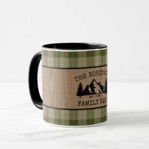 Family Cabin Trees Sage Green Plaid Burlap 2 Tone Mug