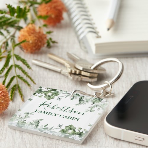 Family Cabin Watercolor Ivy Ferns Sage Botanical Keychain