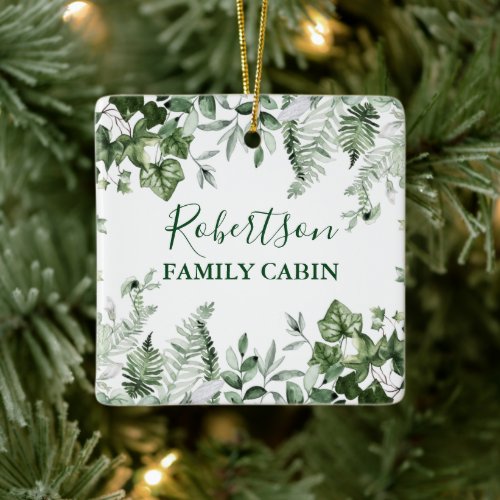 Family Cabin Watercolor Ivy Sage Ferns Botanical Ceramic Ornament