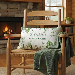 Family Cabin Watercolor Ivy Sage Ferns Botanical Lumbar Pillow