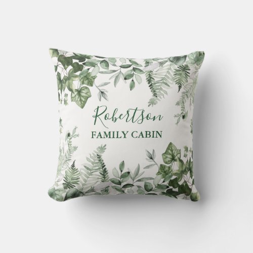 Family Cabin Watercolor Ivy Sage Ferns Botanical Outdoor Pillow