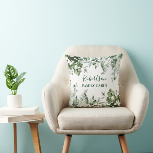 Family Cabin Watercolor Ivy Sage Ferns Botanical Throw Pillow