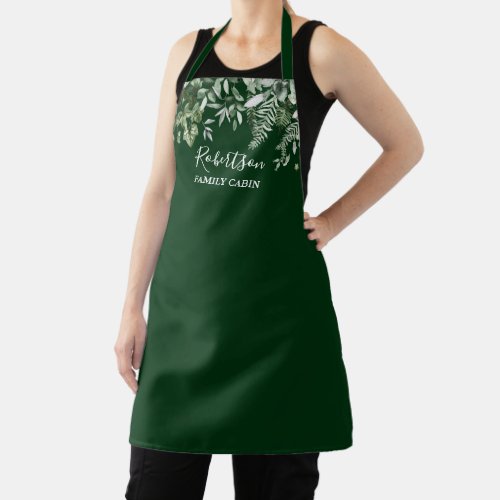 Family Cabin Watercolor Ivy Sage Ferns Green Apron