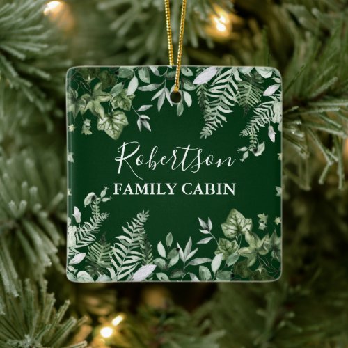 Family Cabin Watercolor Ivy Sage Ferns Green Ceramic Ornament