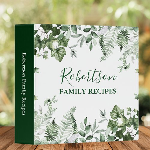 Family Cabin Watercolor Ivy Sage Ferns Recipe 3 Ring Binder