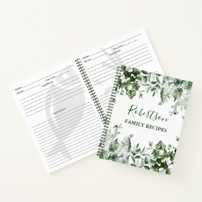 Family Cabin Watercolor Ivy Sage Ferns Recipe Notebook (Inside)