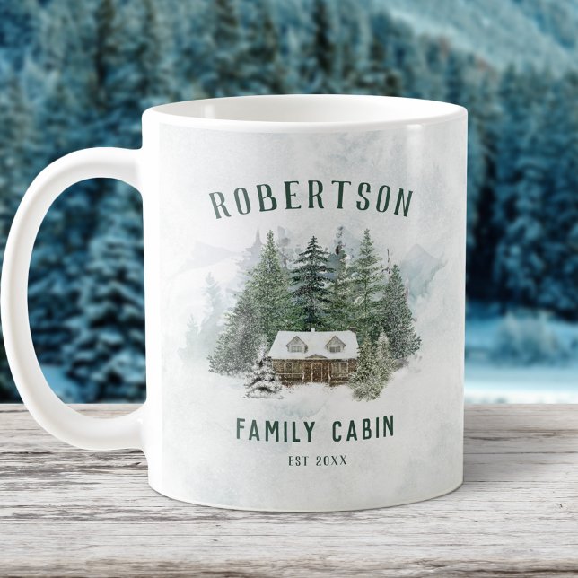 Family Cabin Winter Pine Forest Personalized Coffee Mug (Creator Uploaded)
