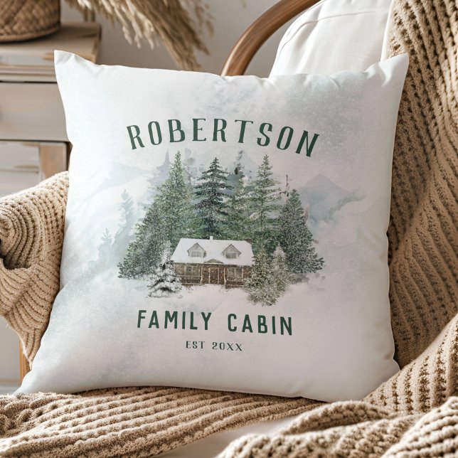 Family Cabin Winter Pine Trees Forest Rustic Throw Pillow (Creator Uploaded)