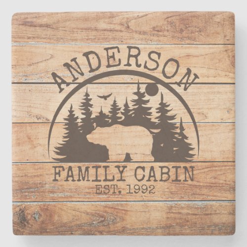 Family Cabin wooden Name Personalized Rustic  Stone Coaster