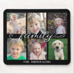 Family Calligraphy | 6 Photo Collage Black Mouse Pad<br><div class="desc">This mouse pad is a fun keepsake gift for any family. It features 6 photos for your favorite pictures of children and family members on a black background. Trendy handwritten style calligraphy reads: "family" Custom text allows you to add your family name and year.</div>