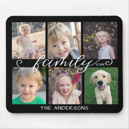 Family Calligraphy  6 Photo Collage Black Mouse Pad