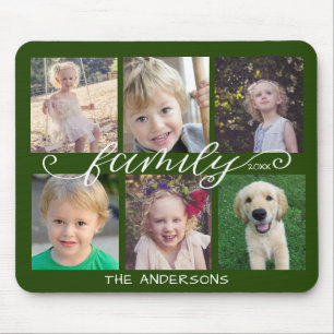 Family Calligraphy Dark Green 6 Photo Collage Mouse Pad