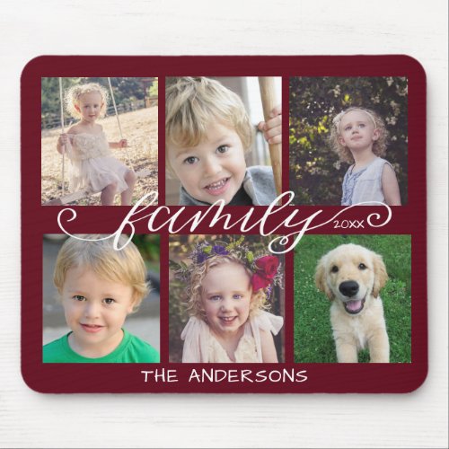 Family Calligraphy Dark Red 6 Photo Collage Mouse Pad