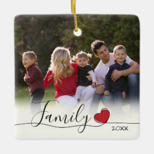 Family Calligraphy Heart Photo Christmas Ceramic Ornament
