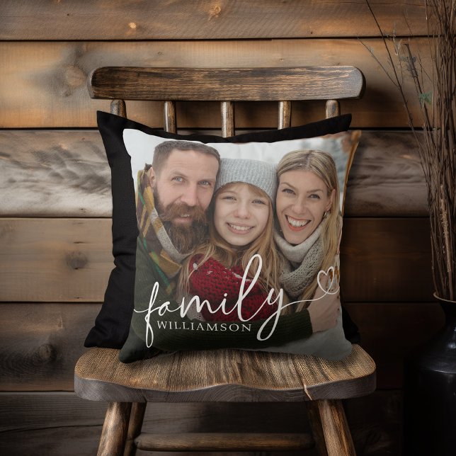 Family Calligraphy Heart Script Typography Photo Throw Pillow (Creator Uploaded)