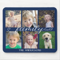 Family Calligraphy Navy Blue 6 Photo Collage Mouse Pad
