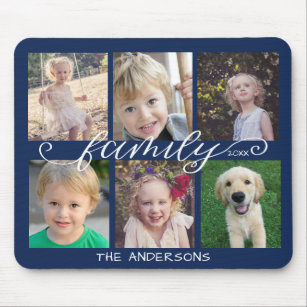 Family Calligraphy Navy Blue 6 Photo Collage Mouse Pad