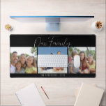 Family Calligraphy Script 3 Photos Black Desk Mat<br><div class="desc">A simple design to showcase your family photos on this desk mat. The design offers three photos accented with handwriting script that reads: Our Family. Personalized with your family name and their year. The background color can be changed.</div>
