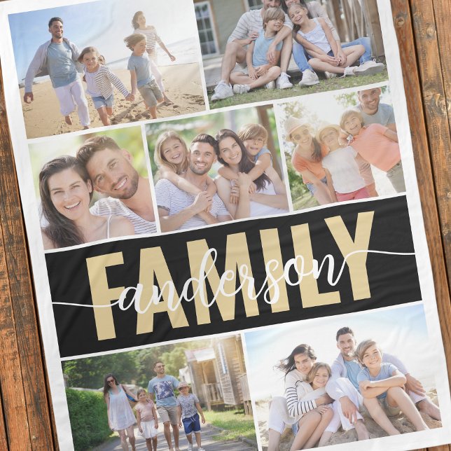 Family Calligraphy Typography Photo Collage Fleece Blanket (Creator Uploaded)