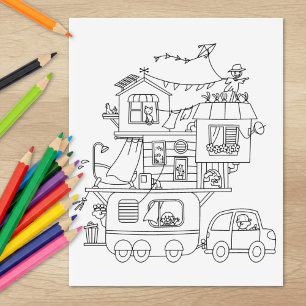 Family Camping Trailer Coloring Page Rubber Stamp
