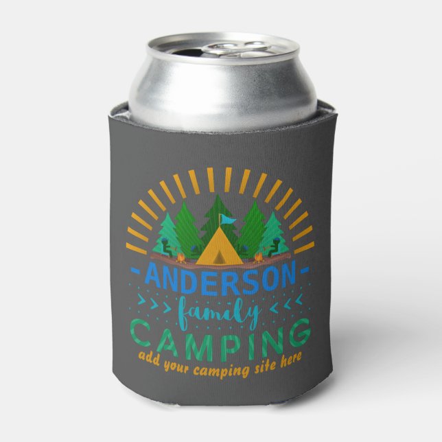 Family Camping Trip | Add Name and Campsite Gray Can Cooler (Can Front)