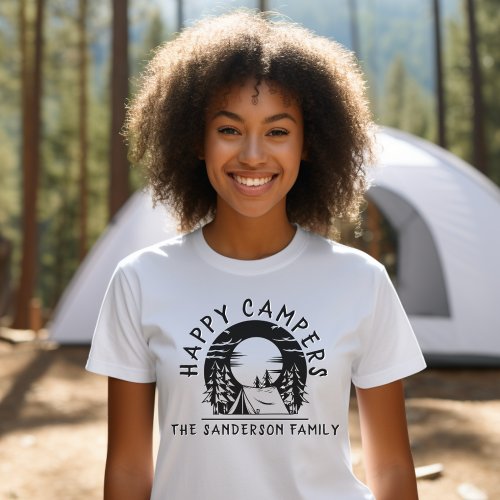 Family Camping Trip Happy Campers Black White Name T_Shirt