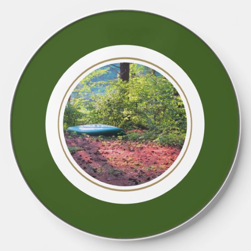 Family Canoe Forest Green Rim Round Photo Template Wireless Charger