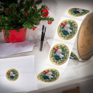 Family Child Pet Photo Merry Christmas Wreath Classic Round Sticker