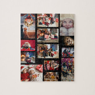 Family Christmas 13 Photo Collage Black Jigsaw Puzzle