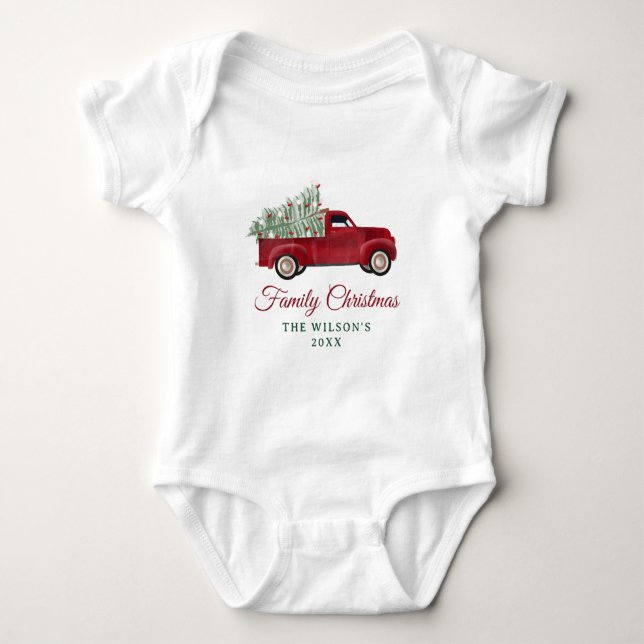 Family Christmas Antique Pickup Truck Xmas Tree Baby Bodysuit (Front)