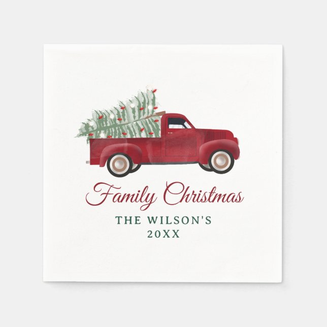 Family Christmas Antique Pickup Truck Xmas Tree Napkins (Front)