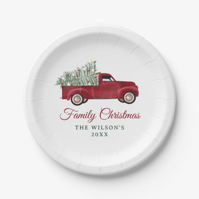 Family Christmas Antique Pickup Truck Xmas Tree Paper Plates (Front)