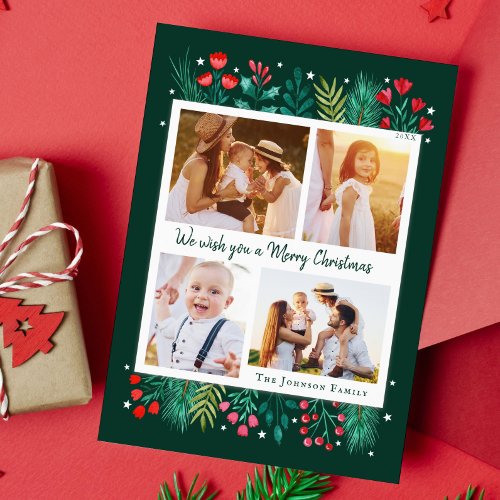 Family Christmas Card with Photos and Watercolor 