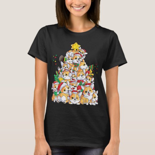 family Christmas corgi tree santa hat T_Shirt
