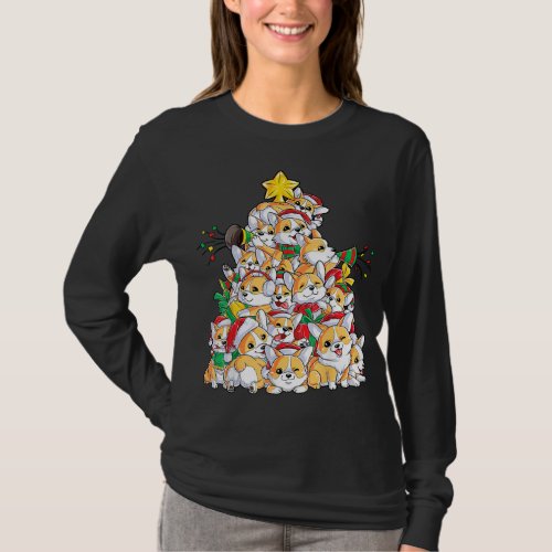 family Christmas corgi tree santa hat T_Shirt