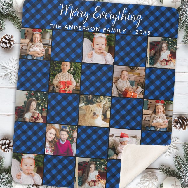 Family Christmas Custom Blue Plaid Photo Collage Sherpa Blanket (Creator Uploaded)