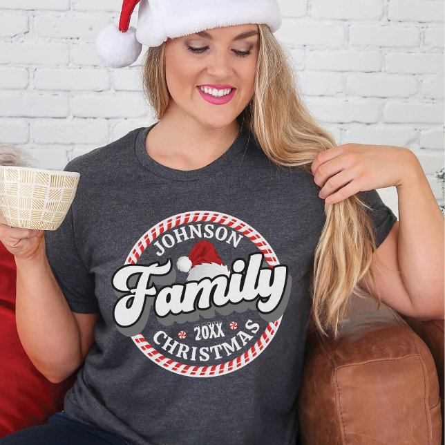 Family Christmas Custom Name Candy Cane Matching T-Shirt (Heather dark gray, red, white, black personalized name matching family Christmas & year group shirts)