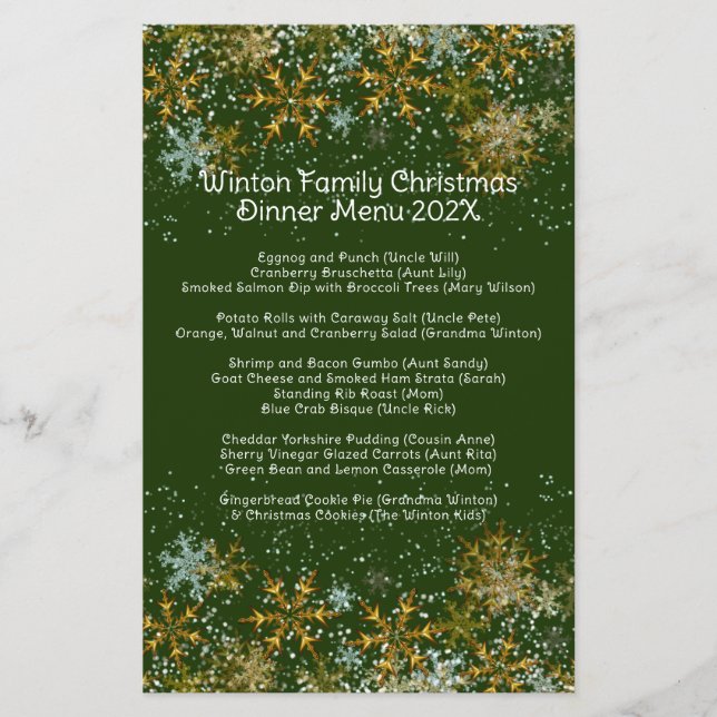 Family Christmas Dinner Menu Snowflakes Flyer (Front)