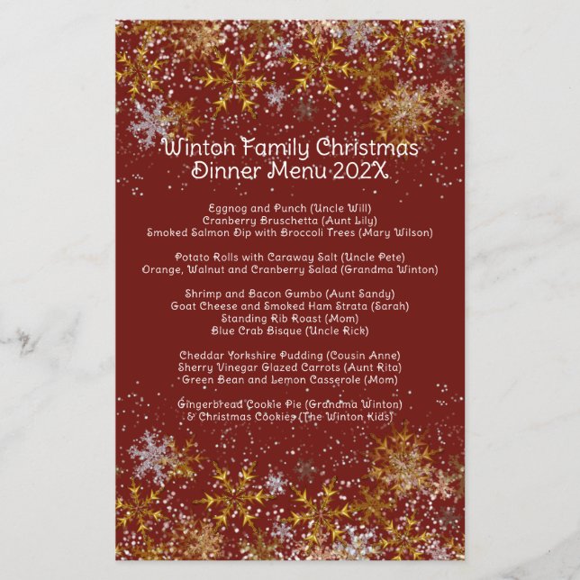 Family Christmas Dinner Menu Snowflakes Flyer (Front)