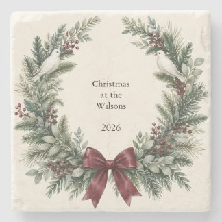 Family Christmas Evergreen Wreath Burgundy Bow Stone Coaster