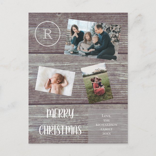 Family Christmas Faux Dark Wood Photo Monogram Postcard (Front)