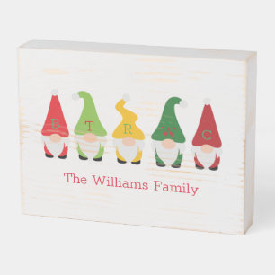Family Christmas Gnomes Hats INITIALS Holiday Fun Wooden Box Sign