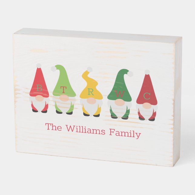 Family Christmas Gnomes Hats INITIALS Holiday Fun Wooden Box Sign (Angled Horizontal)
