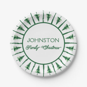 Family Christmas Green Watercolor Pine Tree Paper Plates