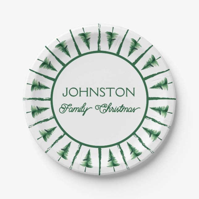 Family Christmas Green Watercolor Pine Tree Paper Plates (Front)